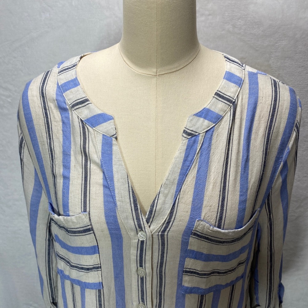 AGB Womens XL Striped Blue White Linen Blend Casual Button Roll Tab Sleeve‎